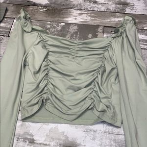 Silk light sage green long sleeve. scrunched and square neck.
